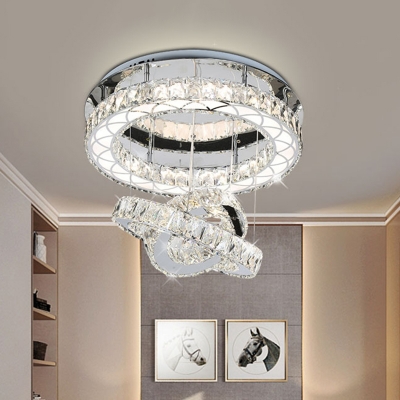 Circular Beveled Crystal Ceiling Fixture Modern LED Chrome Semi Flush Mount Light in Warm/White Light