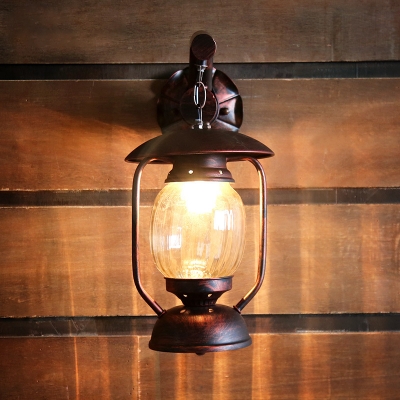 Clear Glass Lantern Wall Mount Lamp Country 1-Light Dining Room Wall Light Sconce in Weathered Copper