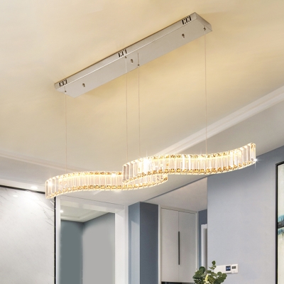 Contemporary LED Island Light Silver Wave Ceiling Pendant with Rectangle-Cut Crystal Shade