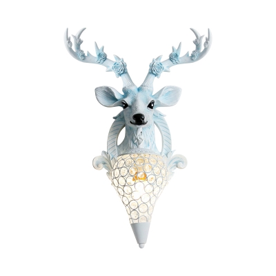 Country Teardrop Wall Mount Light 1 Bulb Crystal Embedded Wall Sconce Lighting in Grey/White/Brown with Resin Deer Head Backplate