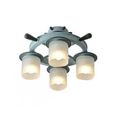Dimpled Glass Column Ceiling Light Kids 4-Bulb Blue Semi Flush Chandelier with Rudder Design