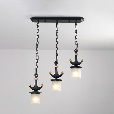 Cylindrical Dining Room Drop Pendant Dimpled Glass 3 Bulbs Mediterranean Multiple Ceiling Light in Black with Linear/Round Canopy