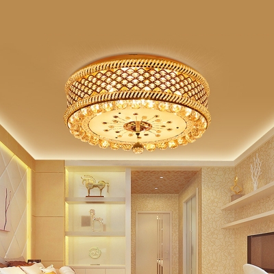 Drum Drawing Room Ceiling Mounted Light Crystal Ball LED Modernism Flush Lamp Fixture in Gold
