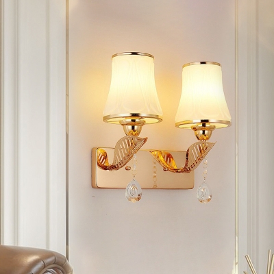Flared Wall Lighting Fixture Postmodern Frosted Glass 2-Light Living Room Wall Mounted Lamp in Gold