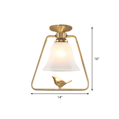 Gold Bell Semi Flush Light Fixture Traditional Frosted Glass 1 Bulb Corridor Bird Ceiling Lamp with Trapezoid Frame