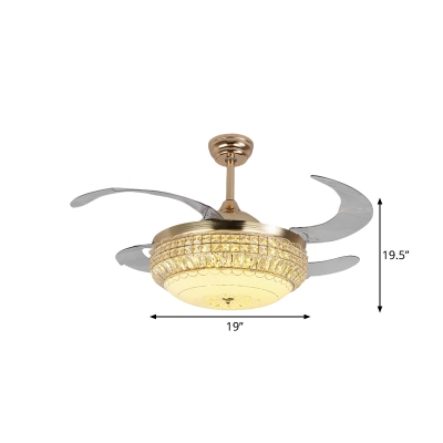Gold Bowl Shade Fan Light Kit Contemporary 4-Blade LED Crystal Semi Flush Mount Lighting, 19