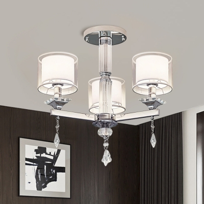 Iron Branching Semi Flush Chandelier Modern 3 Bulbs Chrome Ceiling Light with Cylinder Clear Glass Shade