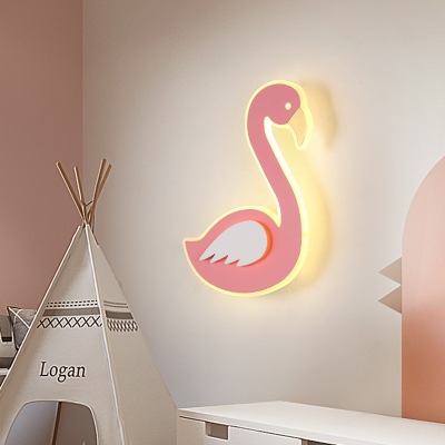 Iron Flamingo Flush Mount Wall Light Kids Pink LED Sconce Lighting for Kindergarten, Left/Right
