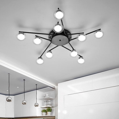 Iron Pentacle Frame Semi Flush Modern Style 10 Bulbs Black Ceiling Mount Light with Orb Clear Glass Shade