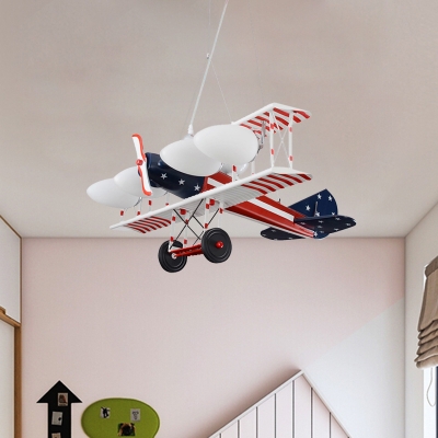 Kids 5-Head Pendant Lighting Red Fighter Aircraft Chandelier Lamp with Frosted White Glass Shade