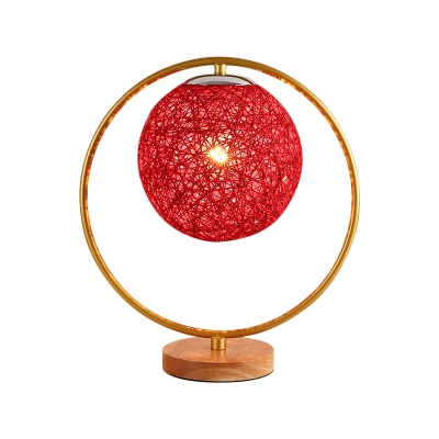 Kids Spherical Night Table Light Rattan 1 Light Bedroom Nightstand Lamp in Beige/Red with Metal Ring Deco