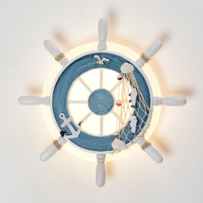 Light Blue/White Rudder Wall Sconce Kids LED Acrylic Wall Mounted Light with Anchor and Fishing Net Deco