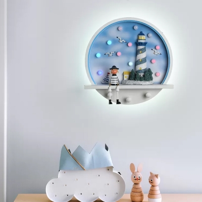 Lighthouse Bedroom Sconce Light Wood LED Kids Wall Lighting with Metal Round Shade in Blue
