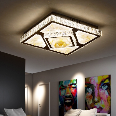 Living Room LED Flush Light Fixture Simple Chrome Floral Patterned Ceiling Flush with Square Crystal Shade