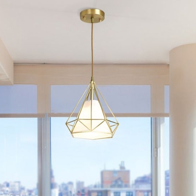 Metallic Diamond Cage Ceiling Pendant Modernist 1 Head Brass Pendulum Light with Inner Fabric Shade