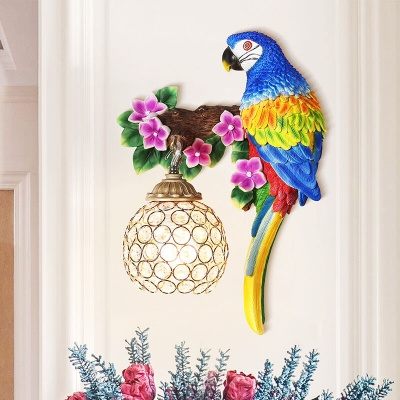 Resin Red/Blue Wall Lamp Parrot 1 Bulb Country Style Wall Light Fixture with Sphere Crystal Shade