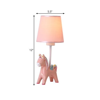 Resin Unicorn Night Table Lighting Kids 1 Bulb Nightstand Lamp in Pink/Blue with Cone Fabric Shade