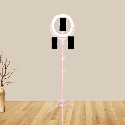 Simple Round Vanity Lamp Metallic Phone Support LED Fill Light with Cat Ear Design in Pink, USB