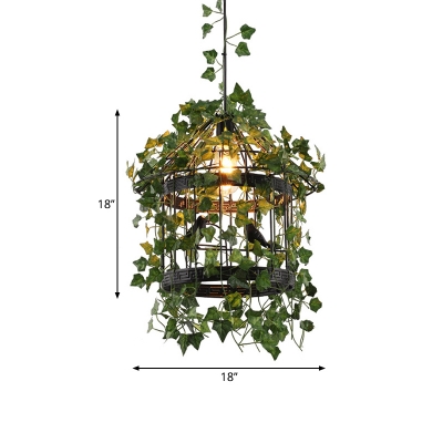 Single Head Birdcage Ceiling Pendant Vintage Black Metal Down Lighting with Plant Deco