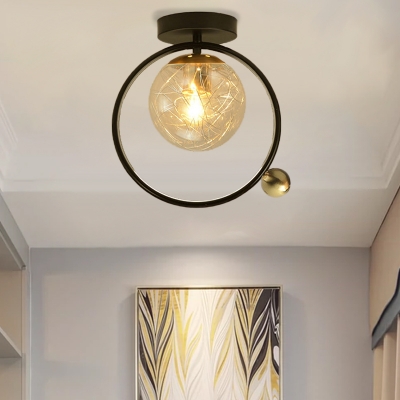 Spherical Semi Flush Mount Light Nordic Clear Glass 1 Bulb Corridor Ceiling Lamp with Bird/Globe Deco in Black