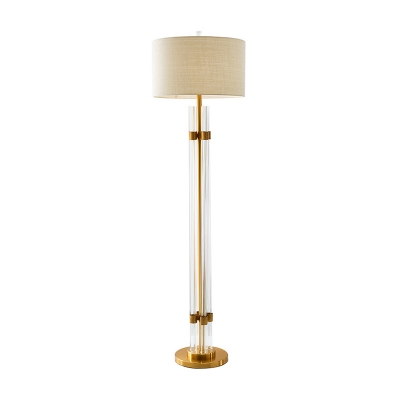 Tube Crystal Bar Standing Light Modernist Living Room LED Floor Lamp in Gold with Drum Beige Fabric Shade