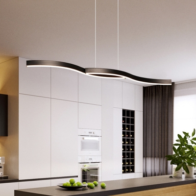 Wavy Linear Metallic Island Lighting Modernism LED Black Pendant Lamp in Warm/White Light, 39
