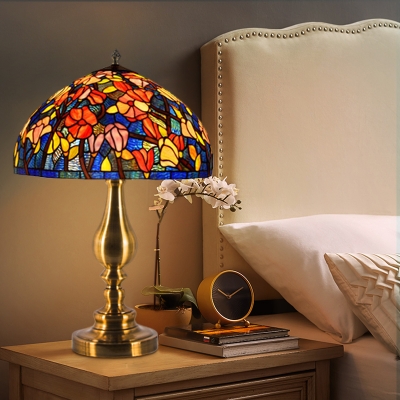 1-Bulb Kapok Night Table Lamp Baroque Style Brass Finish Hand Cut Glass Nightstand Light with Bowl Shade for Bedside