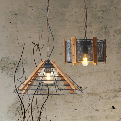 1 Light Cone/Drum Pendant Lamp Industrial Black Finish Metallic Hanging Ceiling Light with Wooden Panel, 11