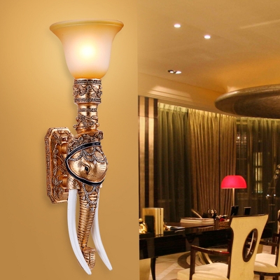 1-Light Wall Mounted Lamp Countryside Bell Frosted Glass Wall Sconce Lighting with Elephant Decor in Gold