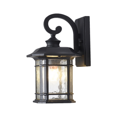 1-Light Wall Sconce Lighting Warehouse Pavilion Clear Rippled Glass Wall Light in Black/Brass with Curved Arm, 8.5