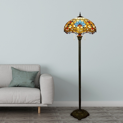 2-Head Dome Reading Floor Lamp Baroque Brass Cut Glass Pull Chain Floor Lighting with Petal Pattern