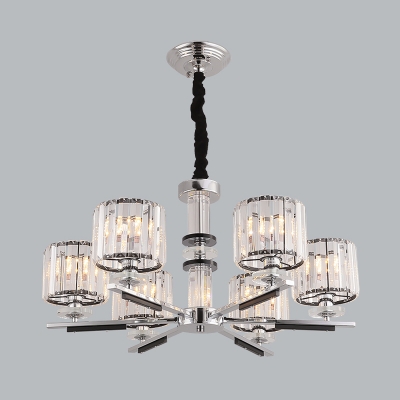 3/6 Bulbs Bedroom Suspension Lamp Modern Style Black Chandelier Light with Drum Clear Crystal Shade