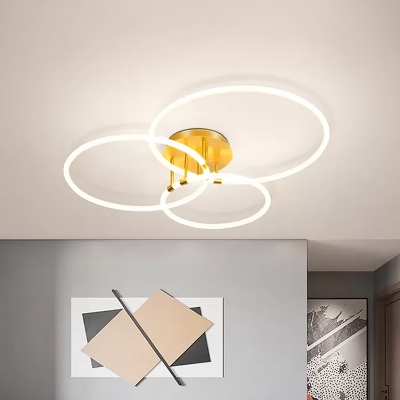 3-Ring Ceiling Light Fixture Modernist Metallic Living Room LED Semi Flush in Gold, Warm/White Light