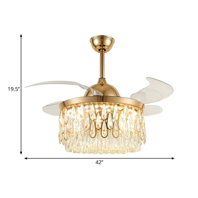 4-Blade Modern Drum Semi Flush Light Beveled Crystal LED Parlor Ceiling Fan Lamp in Gold, 19