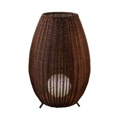Ball Outdoor Stand Up Lamp Acrylic 1 Head Asian Floor Light with Oval Rattan Shade in Beige/Brown