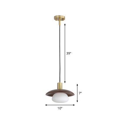 Ball/Oval Shade Hanging Light Fixture Minimalist Opal Glass 1-Head Restaurant Ceiling Pendant with Wood Cap in Brown