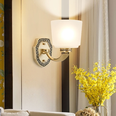 Brass 1 Head Wall Lighting Ideas Traditional Frosted Glass Cylinder Wall Mounted Lamp with Curved Arm