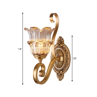 Brass Swooping Arm Wall Lamp Classic Metal 2-Light Living Room Wall Mount Light Fixture with Floral Crystal Glass Shade