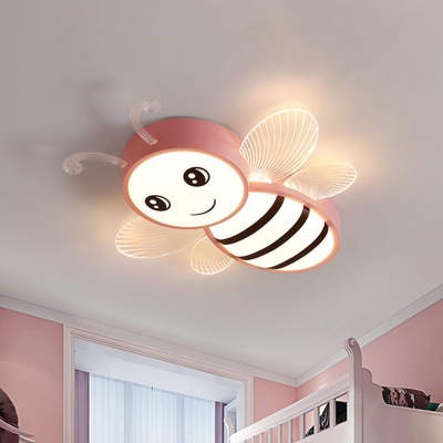 Cartoon Bee Plastic Flush Mount Lamp Macaron LED Yellow/Pink/Blue Ceiling Light Fixture for Nursery