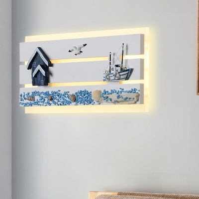 Cartoon Ship and House Wall Mount Lamp Wood LED Bedside Surface Wall Sconce with Oblong Acrylic Shade in Blue