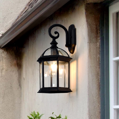 Clear Glass Birdcage Wall Light Sconce Antiqued 1 Head Patio Wall Mount Lamp in Black
