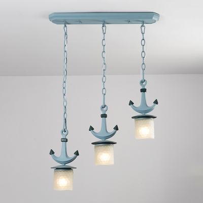 Column Multiple Ceiling Light Modernism Dimpled Glass 3-Bulb Playroom Drop Pendant with Linear/Round Canopy in Blue