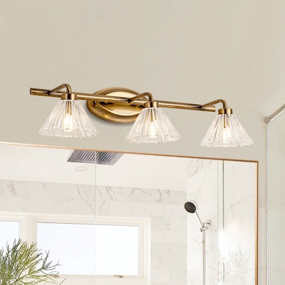 Cone Rest Room Vanity Lamp Fixture Clear Crystal 3 Lights Modernist Wall Mount Lighting in Brass