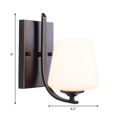 Countryside Conical Wall Lighting Fixture 1 Light White Glass Wall Light Sconce in Black