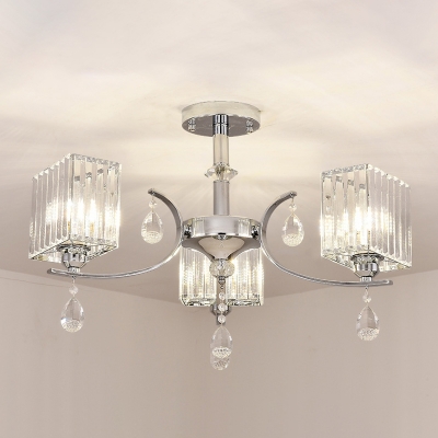 Cuboid Crystal Flush Mount Chandelier Contemporary 3 Bulbs Chrome Semi Flush Light for Dining Room