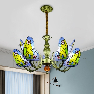 Cut Glass Butterfly Pendant Chandelier Baroque 3/5 Heads Orange/Yellow and Green Hanging Light Fixture with Curved Arm