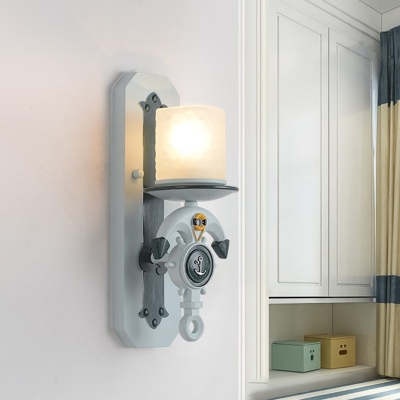 Cylinder Wall Mounted Lamp Mediterranean Opal Glass 1/2-Head Lodge Sconce Light with Resin Anchor Deco in Brown/Blue