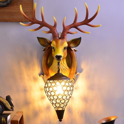Deer Head Resin Wall Light Fixture Country 1 Light Bedroom Wall Sconce Lighting in Black and White/Black and Brown/White with Teardrop Crystal Shade