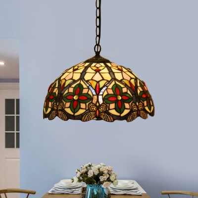 Domed Ceiling Pendant Tiffany Style Stained Glass 1 Light Green Hanging Light Fixture with Floral Pattern