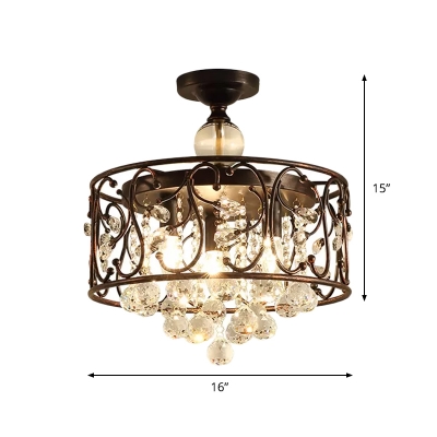 Faceted Crystal Balls Rust Semi Flush Drum 3-Head Countryside Close to Ceiling Light